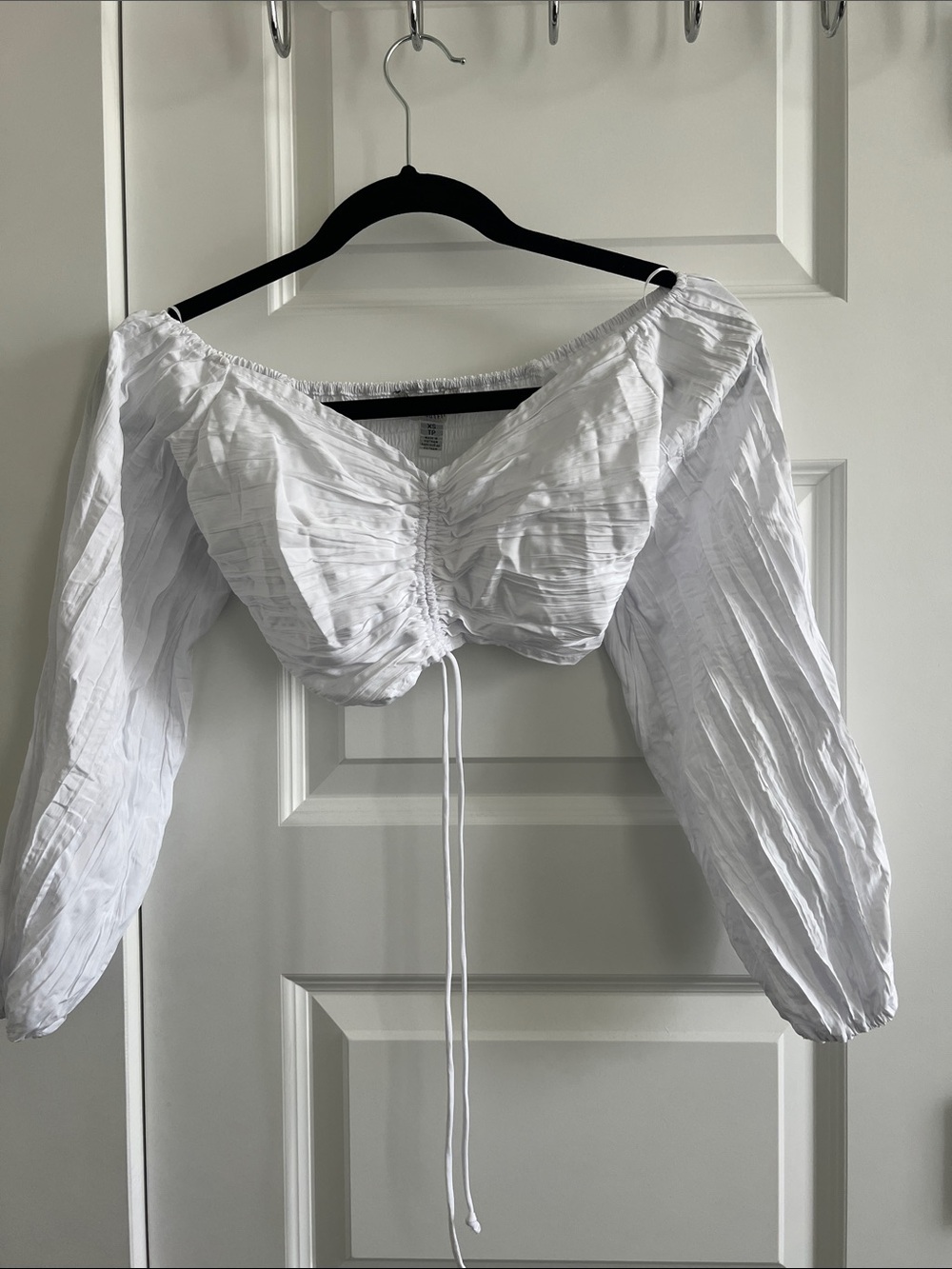 Urban Outfitters White Off-Shoulder Ruched Drawstring Crop Top